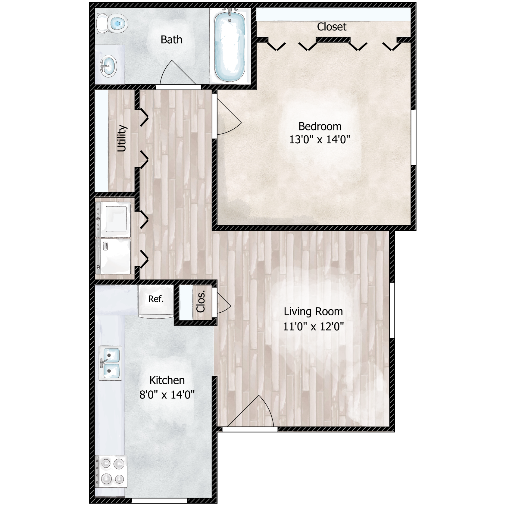 Floor plan for 1 bed, 1 bath, 623 sqft